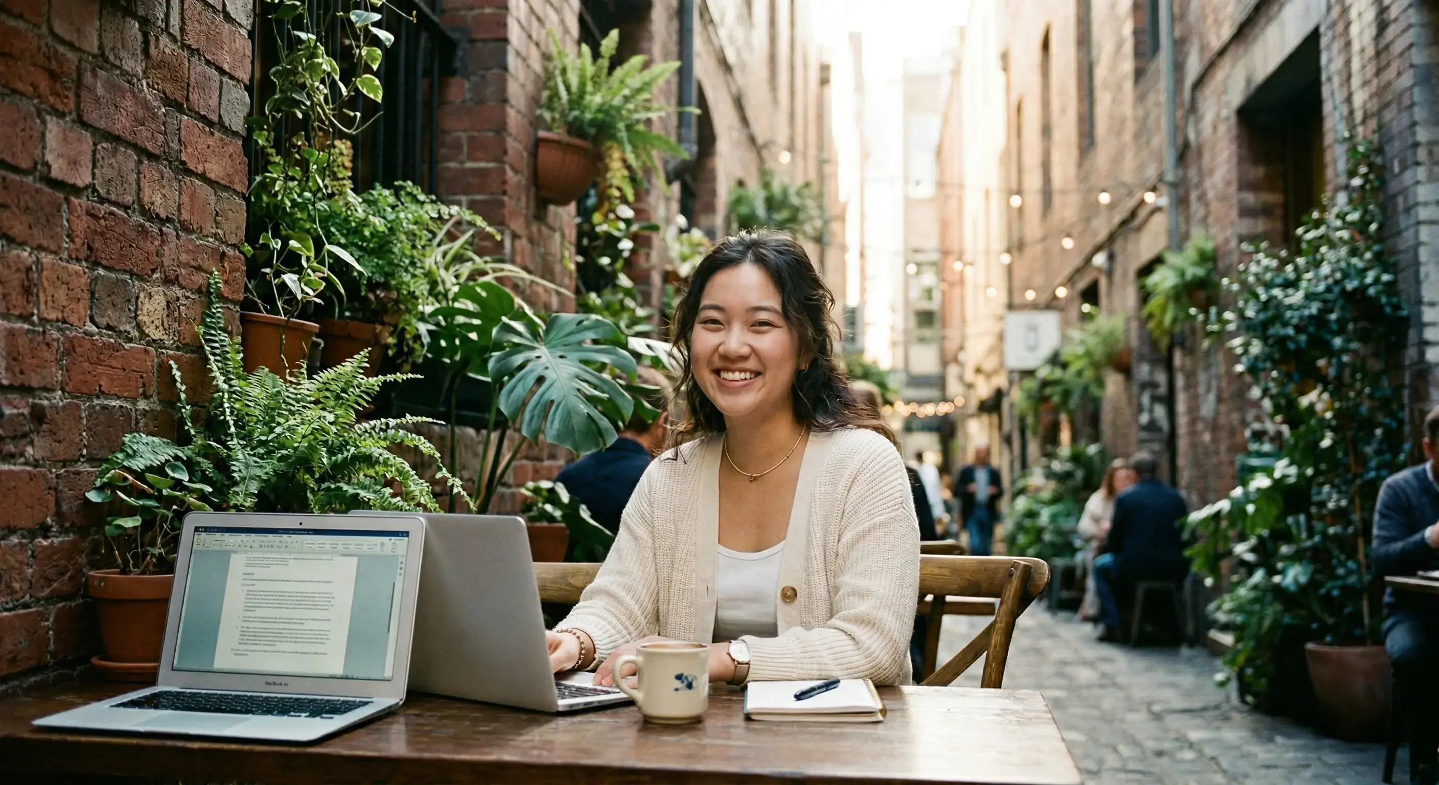 A student working at a Melbourne laneway café